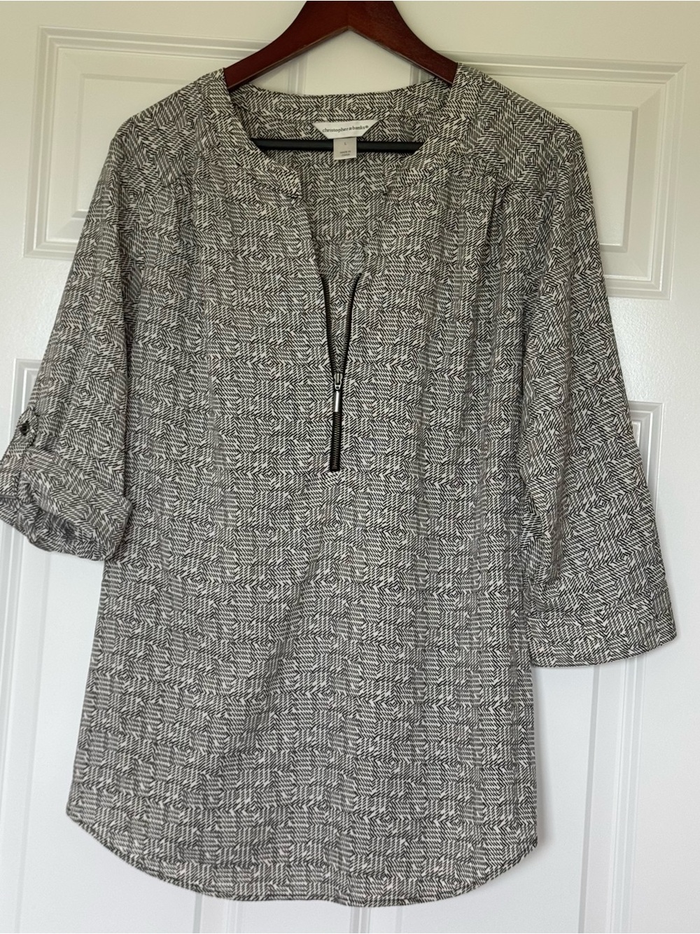 Christopher & Banks Gray and White Patterned Zip-Front Tunic